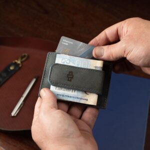Stylish denim blue Belvoir Streamline Moneyclip Cardholder, combining a money clip with a practical cardholder design.