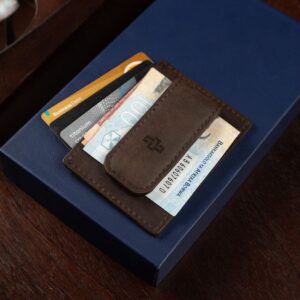 Brown leather Belvoir cardholder with money clip, highlighting its compact design and note-holding functionality.