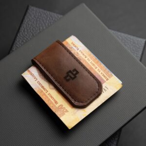 Belvoir money clip in rich brown leather with strong magnets, designed for securely holding notes with premium quality