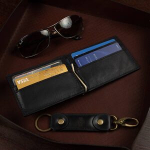 Benjamin black leather wallet with brass money clip shown open, showing card slots and compact design