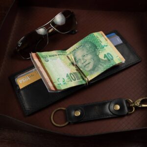 Benjamin black leather wallet with brass money clip displayed open with notes and cards, showcasing its practicality.