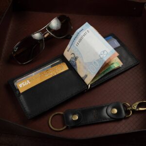 Benjamin black leather wallet with brass money clip displayed open with notes showcasing the cards and practicality.