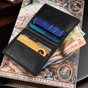 Men’s Mansfield Bifold Wallet in black, displayed in an everyday setting. A timeless, minimalist leather wallet for modern men.