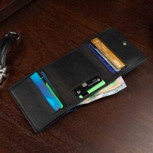 Mens trifold wallet in black genuine leather, Ashford model, shown open with multiple card slots and cash compartments.
