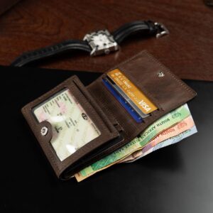 Mens trifold wallet in brown genuine leather, Ashford model, displayed open highlighting organized card compartments.