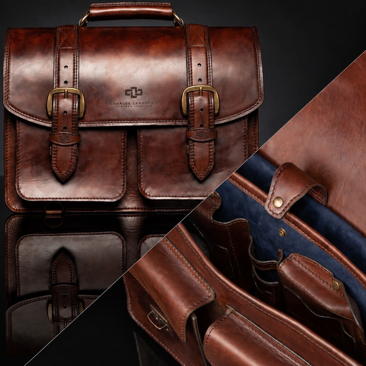 Benjamin Classic leather laptop bag in vintage brown, showing its twin buckles and blue-lined interior.