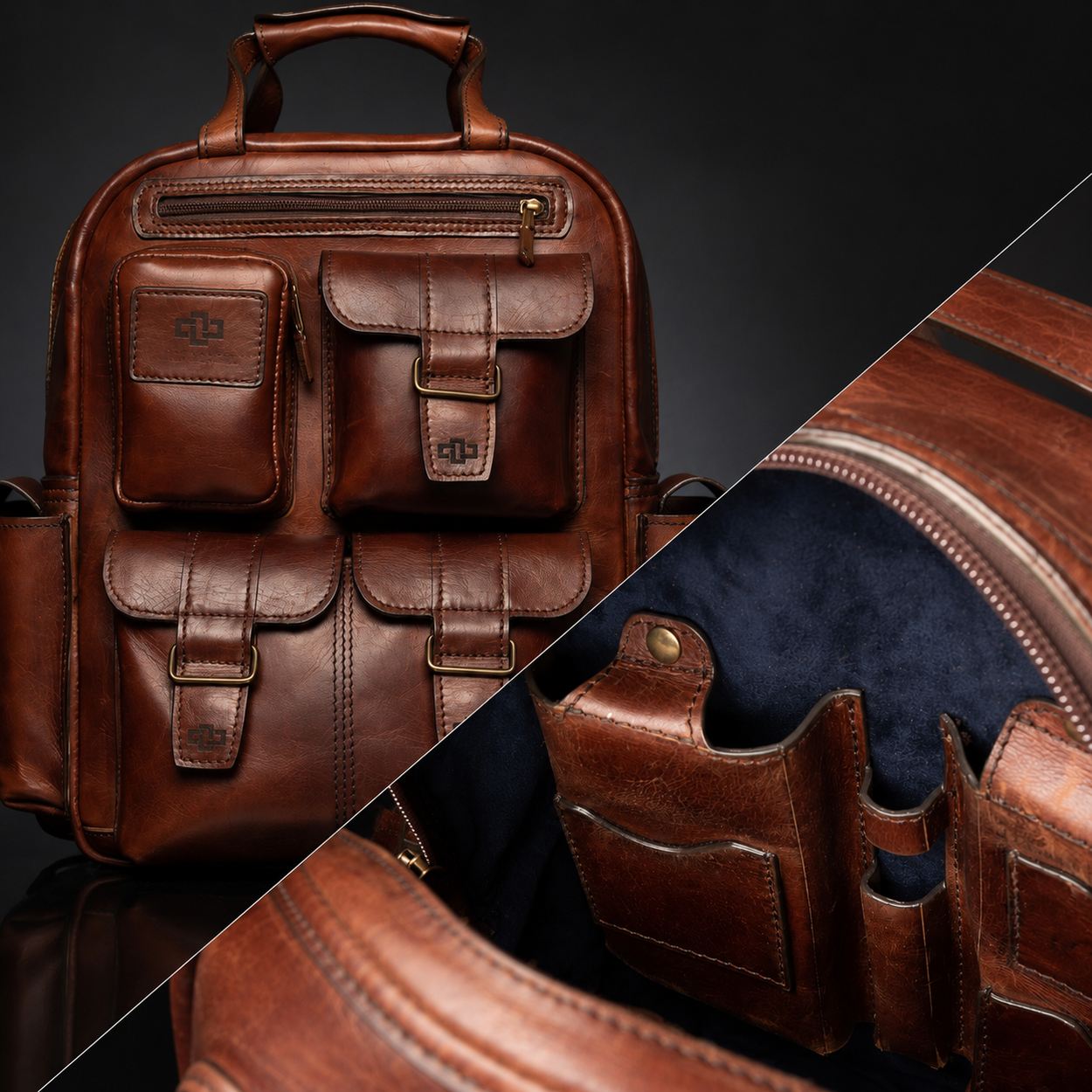 Franklin leather backpack in polished brown, showing the front pockets and blue-lined interior.