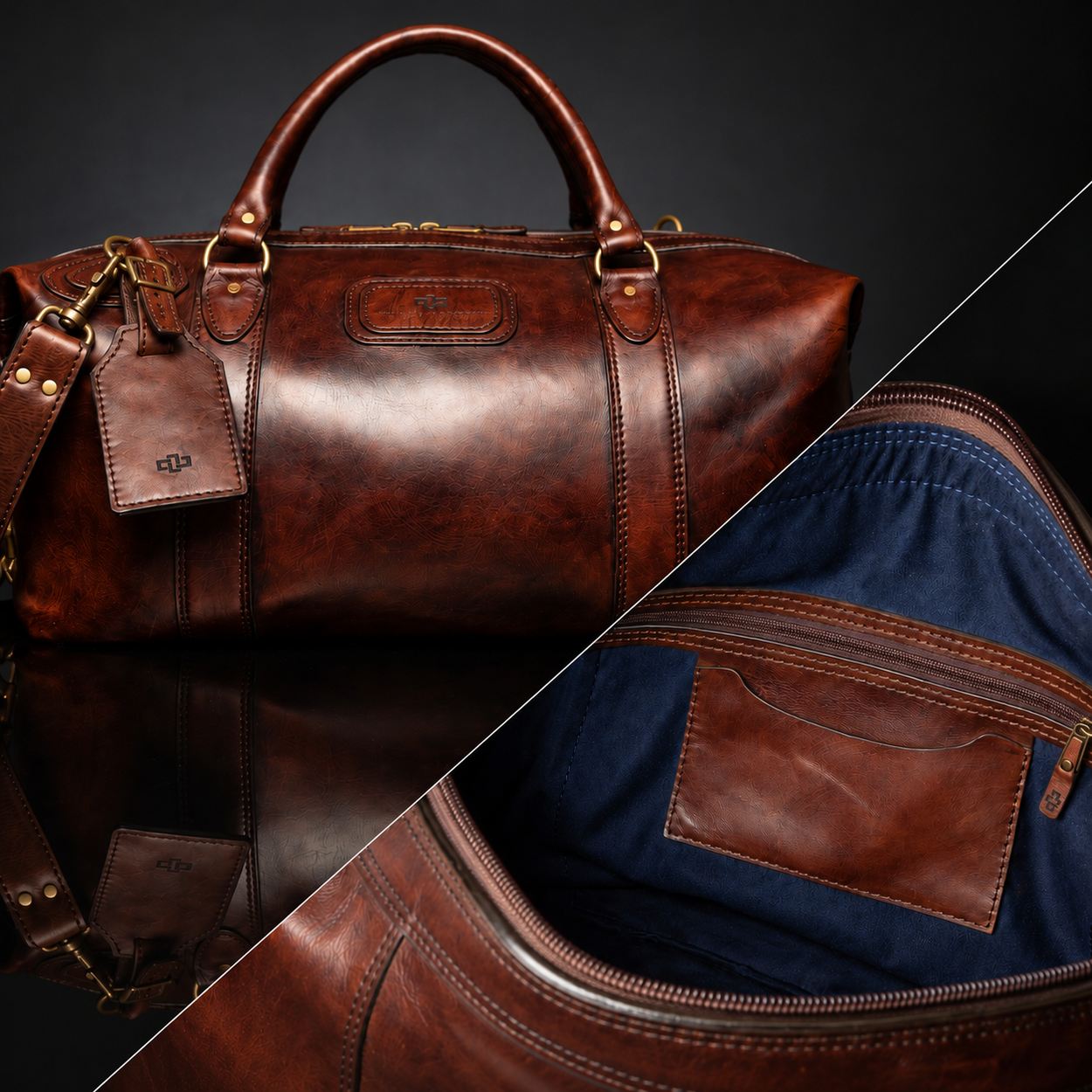Mansfield leather duffle bag in vintage brown, showing its handles, brass fittings and blue-lined interior.